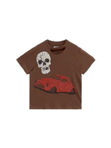 ERL - RIPPED COLLAR SKULL RED CAR TSHIRT KNIT - SS24 - BROWN